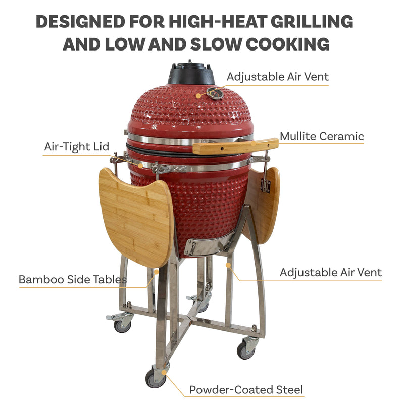 Sunnydaze Kamado Charcoal Grill and Smoker with Side Tables and Wheels