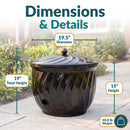 Decorative Metal Garden Hose Holder dimension image showing the overall measurements and hose access opening. The hose holder measures 19.5 inches in diameter by 19 inches high with the lid attached, or 15 inches high without the lid, and weighs 10.8 lbs. The side of the hose storage pot features a 1.75-inch diameter opening for easy connection of the garden hose to an outdoor spigot.