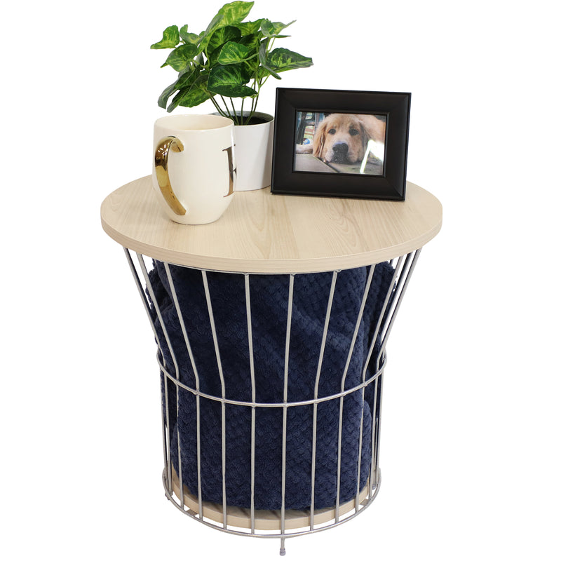 Sunnydaze Wire Pedestal Modern End Table with MDF Pull-Open Tabletop - Cream