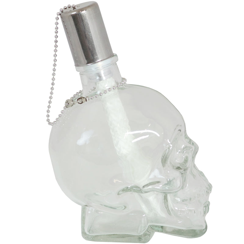 Profile view of a white, clear skull torch with metal snuffer cap and chain.