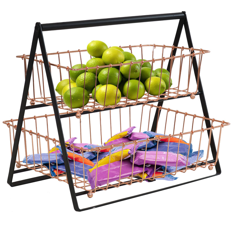 Sunnydaze 2-Tier Fruit Basket with Handle for Countertop - Copper