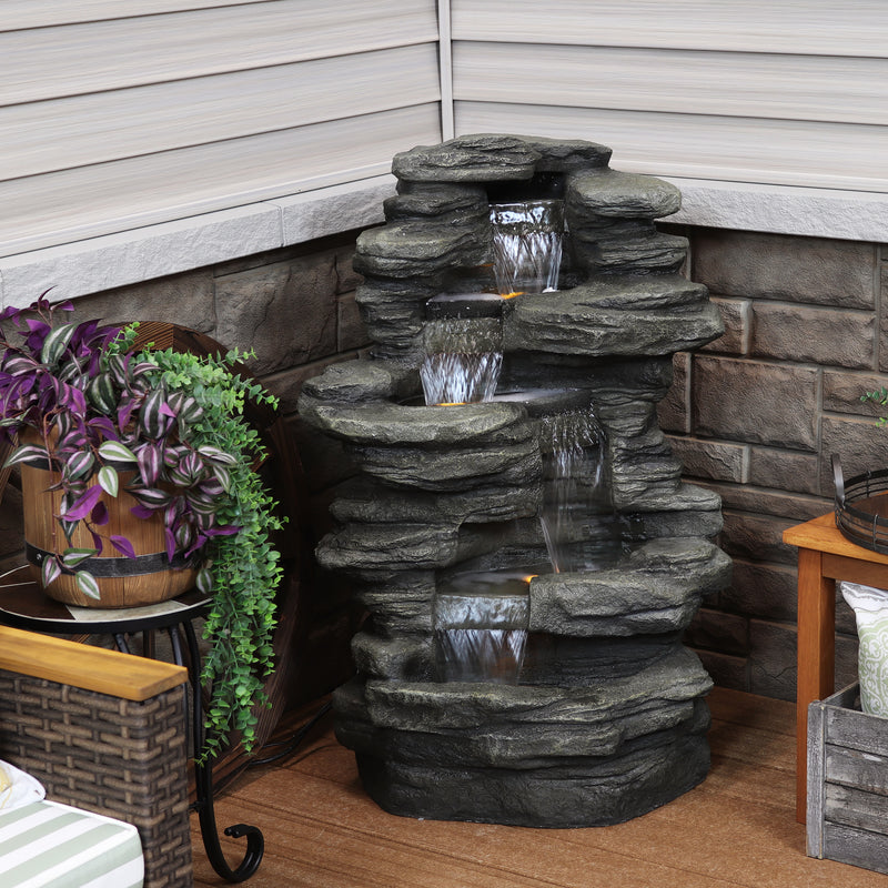 faux succulent fountain w/ led lights 7.5in Sunnydaze Decor Stacked Shale Outdoor Water Fountain with LED Lights