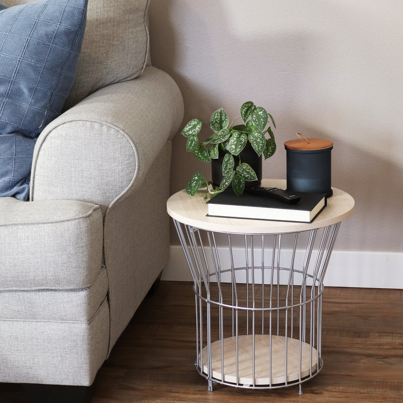 Sunnydaze Wire Pedestal Modern End Table with MDF Pull-Open Tabletop - Cream