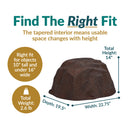 Flat-Top Artificial Garden Rock + Stakes dimension diagram showing the artificial boulder measuring 22.75 inches wide by 19.5 inches deep by 14 inches high and weighing 2.6 pounds. The included stakes each measure 1 inch wide by 12 inches high.