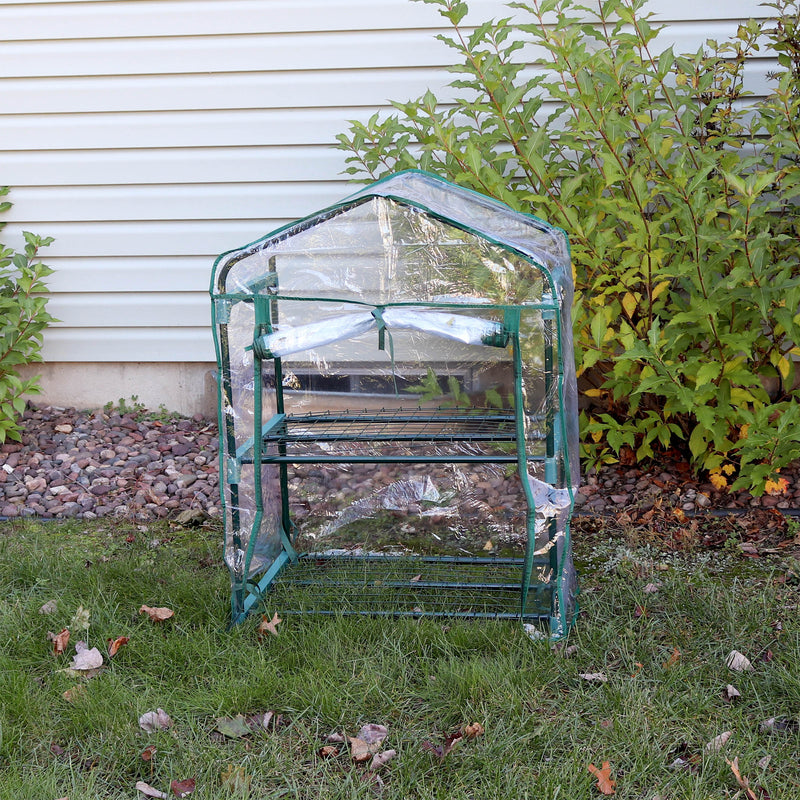 2 tier mini greenhouse with opened zipper door and clear cover