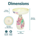 Dimensions diagram for the Mosaic Bloom Glass Bird Bath in rainbow, measuring 22.25 inches tall with an 18-inch bowl diameter, 2.75-inch bowl height, and 8-inch base diameter. Holds 1.35 gallons and weighs 14.2 pounds.