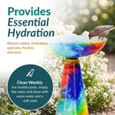 Vibrant multicolored glass birdbath filled with water, featuring a small bird drinking from the bowl. Text highlights essential hydration, attracting a variety of birds, and weekly cleaning.