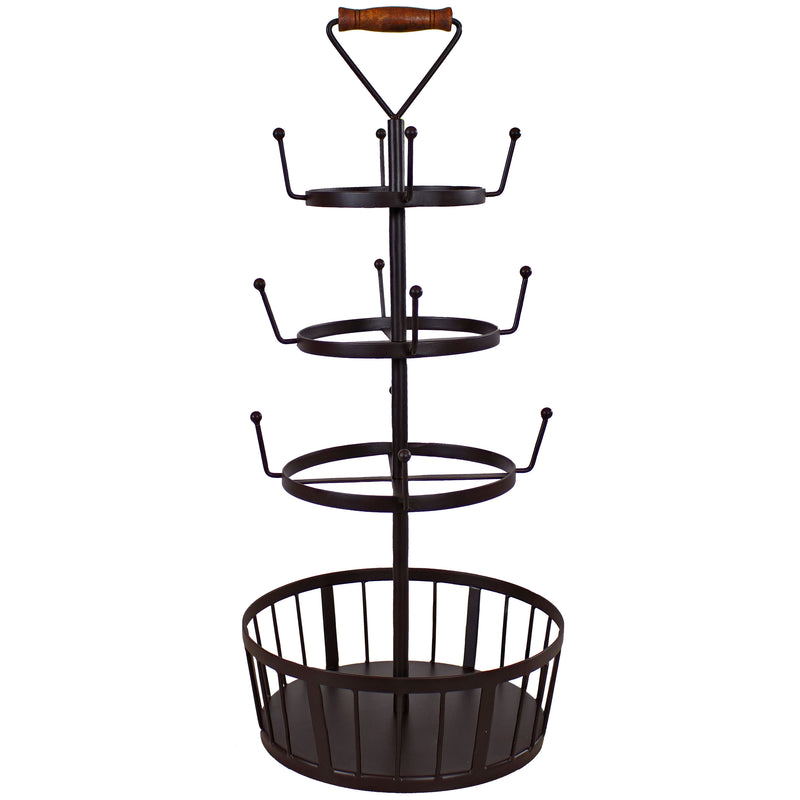 Sunnydaze Round 4-Tier Coffee Mug Tree with Basket - Dark Brown