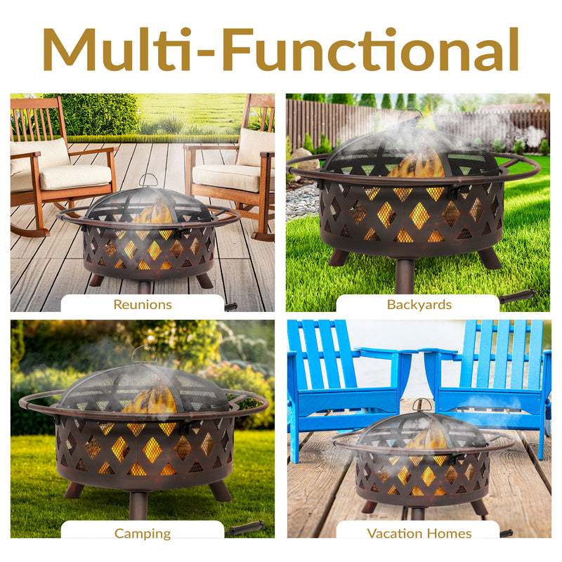 Sunnydaze Bronze Crossweave Wood-Burning Fire Pit with Spark Screen and Poker