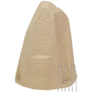 Beige faux rock utility cover with a tall, tapered shape and realistic textured stone surface, displayed with four metal ground stakes beside it against a white background.