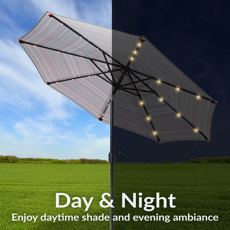 Sunnydaze 9 Foot Outdoor Patio Umbrella with Solar Lights & Tilt/Crank, Led, Awning Stripe