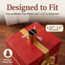 Pretty Present Decorative Christmas Tree Base shown from above, featuring a built-in holder with three securing bolts designed to fit artificial tree poles up to 1.5 inches in diameter.