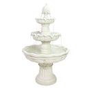 Off-white three-tier decorative outdoor water fountain shown operating, with water flowing from the pinecone-shaped finial through scalloped basins into the large lower basin.