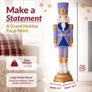 Infographic featuring a tall purple, blue, white, and gold Christmas nutcracker with dimensions of 37.25 inches high, 9.5 inches wide, 10.5 inches deep, and a weight of 11.2 pounds.