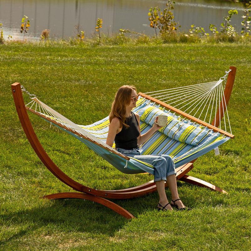 Sunnydaze 2-Person Double Rope Hammock with Wooden Stand