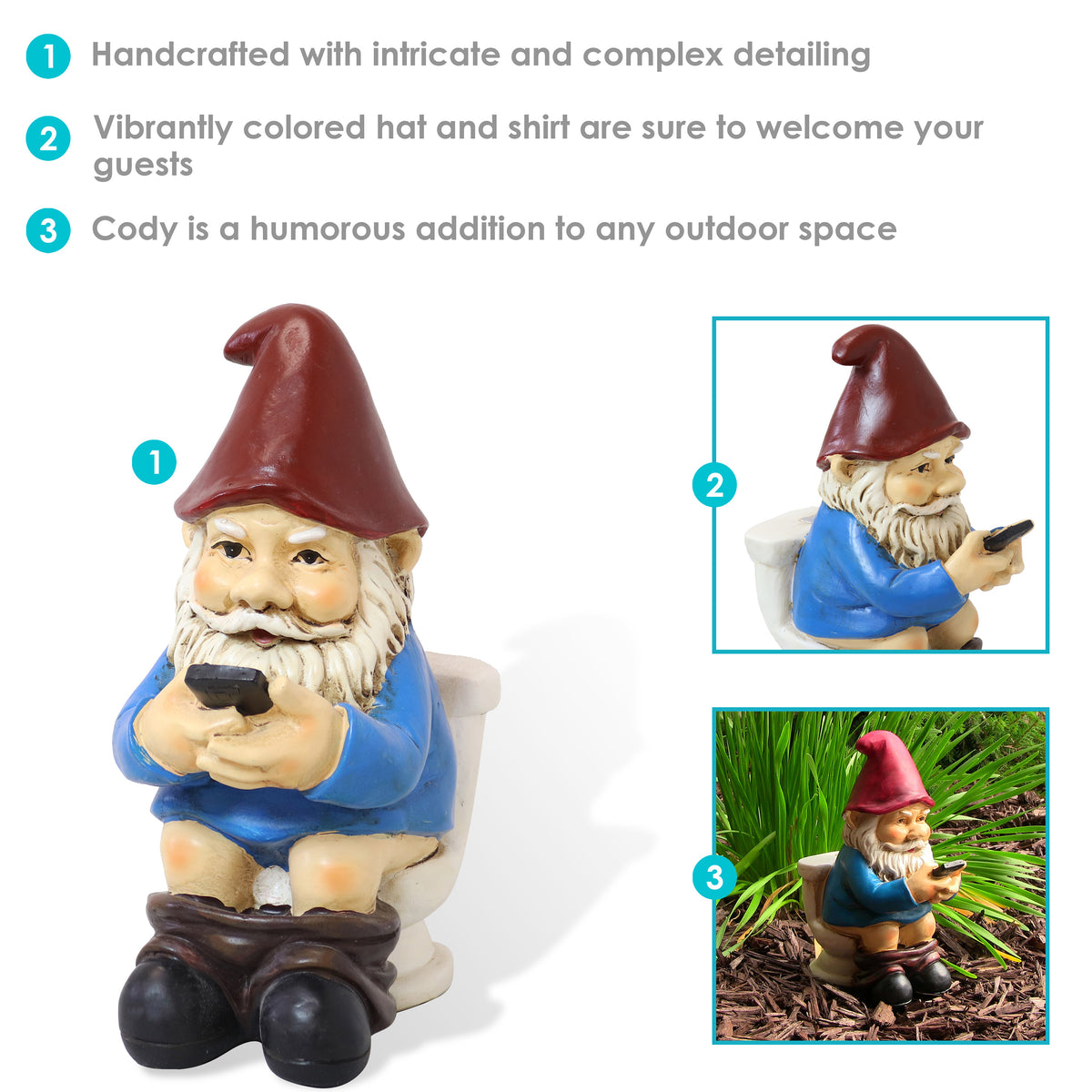 Sunnydaze Cody the Garden Gnome Reading Phone on the Throne