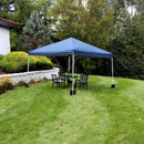 blue 12'x12' pop up canopy with white frame and sandbags