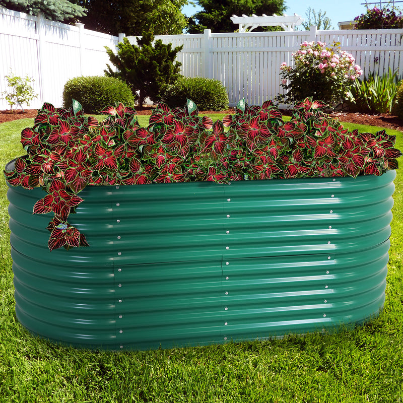 green steel oval raised garden bed