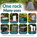 Infographic highlighting eight uses for a tall, tapered gray decorative faux rock cover, including hiding septic tank covers, well pump risers, sprinkler valves, outdoor outlets, pond filter systems, control panels, spillway boxes, and pipes. Text reads “One rock, Many uses” with a safety note advising against sitting, standing, or leaning on the rock.