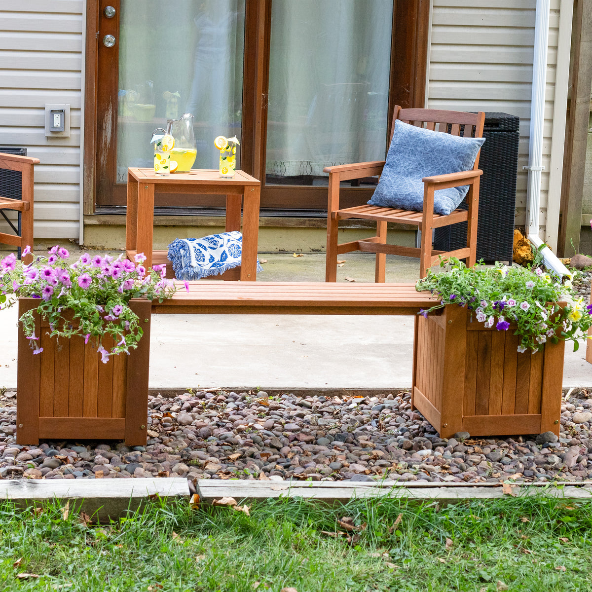 Sunnydaze Meranti Wood Outdoor Planter Box Bench with Teak Oil
