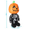 Skelton inflatable with a pumpkin head dimension image showing the height, width and depth with blue arrows.