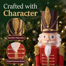 Red and green Kristoff Christmas Nutcracker shown in a festive holiday setting, highlighting durable polyresin construction and decorative gold accents on the hat and shoulders.