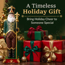 Decorative Santa figure in a green, burgundy, and gold outfit standing beside wrapped Christmas gifts and holiday decorations. Text reads “A Timeless Holiday Gift” and “Bring Holiday Cheer to Someone Special.”