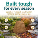 Infographic featuring a tall, tapered tan faux rock cover in a landscaped garden transitioning through different seasons. Text highlights weather-resistant construction, including a crack- and fade-resistant shell, UV-resistant polyresin, rain and snow resistance, and durability in extreme heat and freeze-thaw conditions.