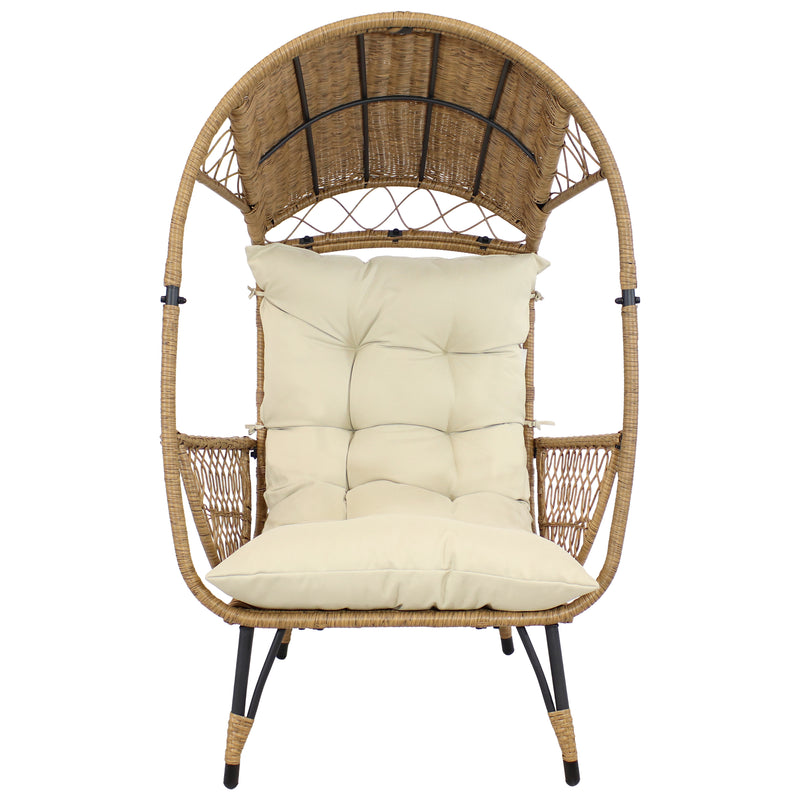 Front view of brown and beige shaded comfort wicker egg chair.