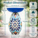 Product dimensions infographic for a colorful Mediterranean-style glass bird bath showing a 12-inch bowl diameter, 2.75-inch bowl height, 16-inch pedestal height, 19-inch total height, 5.75-inch base diameter, 1.35-gallon water capacity, 7.4-pound total weight, 5.5-inch inner bottom diameter, and 15.25-inch inner pedestal height.