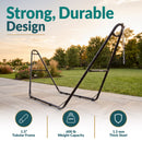 Black metal hammock stand featuring a strong, durable design with a 1.5-inch tubular frame, 550-pound weight capacity, and 1.5 mm thick steel construction.