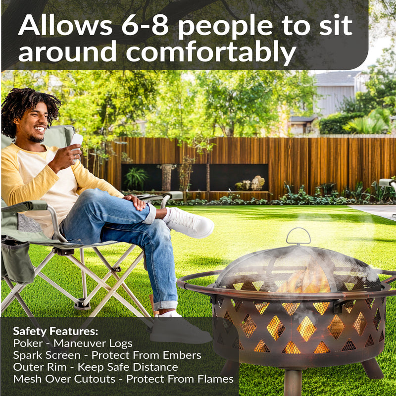 Sunnydaze Bronze Crossweave Wood-Burning Fire Pit with Spark Screen and Poker
