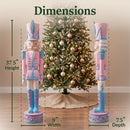 Dimensions diagram for the pink Kristoff Christmas Nutcracker showing a 37.5-inch height, 9-inch width, and 7.5-inch depth, displayed beside a decorated Christmas tree for scale.