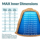 Infographic showing the maximum interior dimensions of a tall, tapered tan faux rock cover, with a cutaway view and blue measurement layers illustrating usable width and depth at heights from 0 to 20 inches. A sizing table explains how the rock narrows toward the top and helps customers determine proper fit by measuring their object's height, width, and depth.