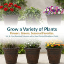Brown decorative planters filled with colorful flowers and greenery, highlighting seasonal planting options and UV- and frost-resistant polyresin with a hand-painted weathered finish.