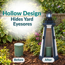 Infographic titled “Hollow Design Hides Yard Eyesores” showing a navy and white lighthouse concealing a green outdoor utility pipe, with before-and-after images.