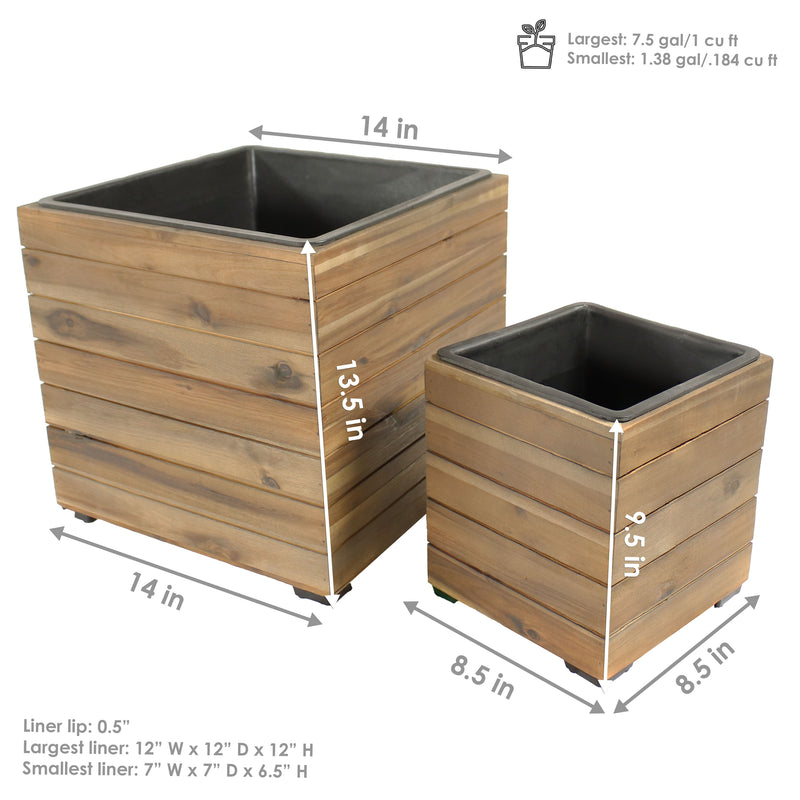 planter boxes plastic Sunnydaze Outdoor Square Acacia Wood Planter Box with Plastic Liner - 2pk