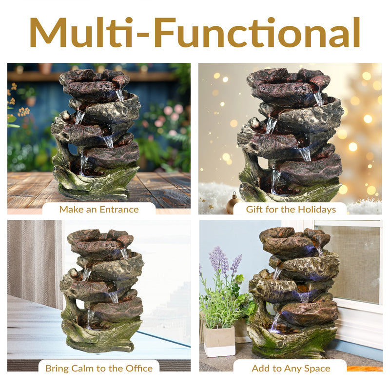 Sunnydaze 5-Step Rock Falls Tabletop Water Fountain with LED Lights - 14"