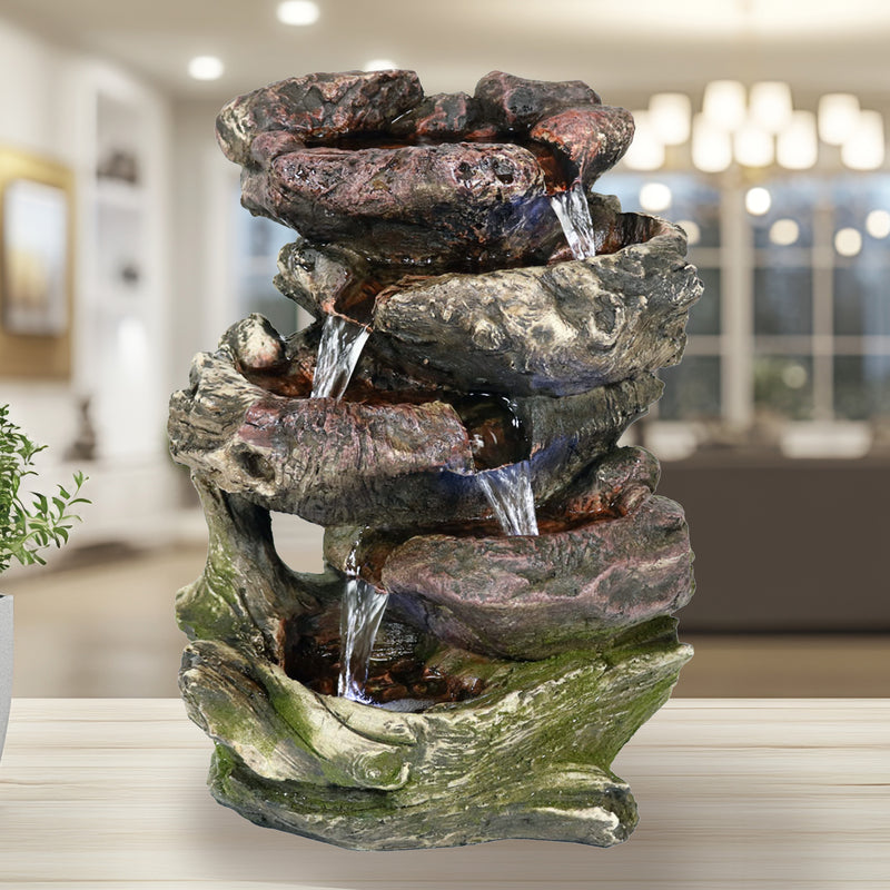Sunnydaze 5-Step Rock Falls Tabletop Water Fountain with LED Lights - 14"