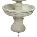 Off-white decorative outdoor water fountain featuring a wide scalloped basin, ornate pedestal base, and attached black power cord.