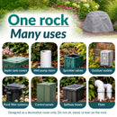 Infographic highlighting eight uses for a gray decorative faux rock cover, including hiding septic tank covers, well pump risers, sprinkler valves, outdoor outlets, pond filter systems, control panels, spillway boxes, and pipes. Text reads “One rock, Many uses” with a safety note advising against sitting, standing, or leaning on the rock.