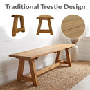 Sunnydaze Teak Trestle Bench in a mudroom with onscreen overlay text saying traditional trestle design, with three bubbles above the lifestyle image showing a close up of the trestle side's and a swatch of the wooden teak coloration.