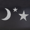 Close-up of the black Cosmic Fire Pit highlighting the decorative crescent moon and star cutouts with protective mesh backing.