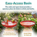 Easy-access basin infographic showing a red Mediterranean-style glass bird bath with birds bathing in the wide, open bowl and water being poured into the basin. Text highlights a refreshing place for birds and simple filling for daily use.