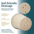 Cream-colored planter shown on its side with a close-up of the drainage area. Text provides instructions for locating the marked drainage area, drilling with a 1/4-inch bit, and creating drainage through both walls.