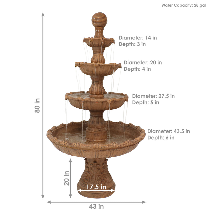 Bottom tier and pedestal of a large tiered fountain on a brick stone patio.