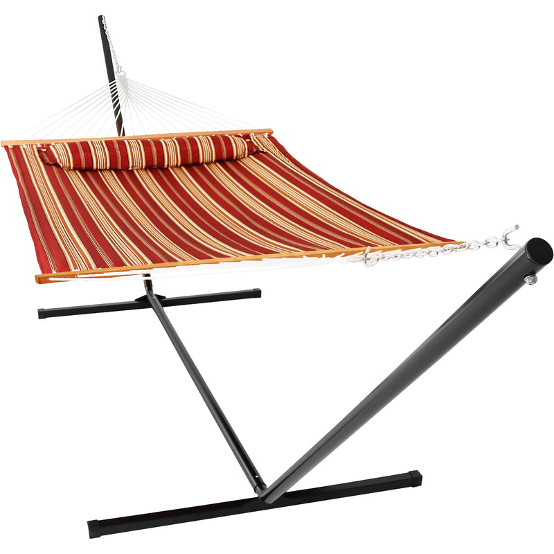 Sunnydaze 2-Person Freestanding Quilted Fabric Hammock with Stand - 12 or 15 Foot Stand Option - Red Stripe