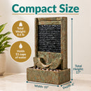 Compact size infographic for an indoor wall fountain showing a 17-inch height, 10-inch width, 6-inch depth, 8.6-pound weight, and 11-cup water capacity.
