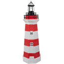 Red and white striped lighthouse statue with black lantern and small windows displayed against a white background.