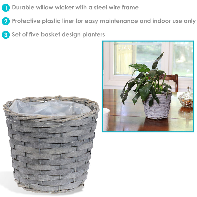plastic lined basket for plants Sunnydaze Set of 5 Indoor Poplar Wicker Planters with Plastic Liners